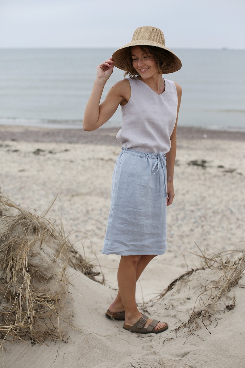 Skirt With Adjustable Waist Midi Skirt Washed Linen Skirt Skirt With Pockets Washed Soft Linen Skirt image 6