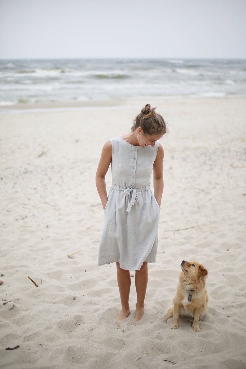 Elegant Linen Dress / Midi Linen Dress / Maternity Dress / Sleeveless Dress / Dress with Pockets | Dress with Belt | Tight Dress | Gift idea 