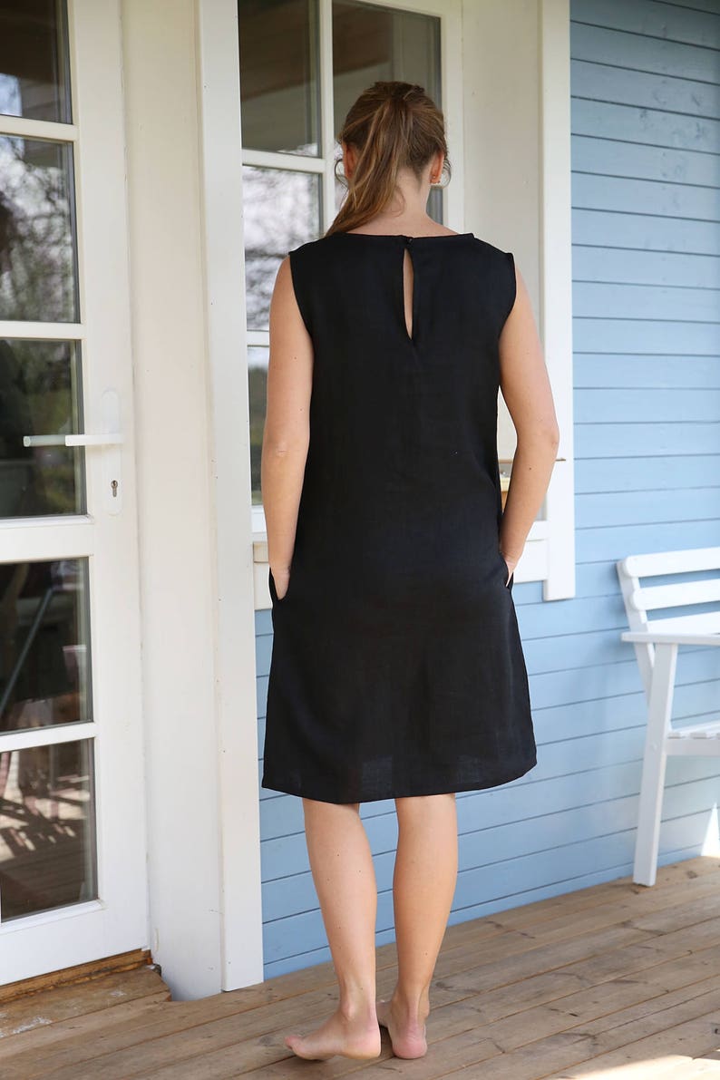 Japanese Style Linen Dress Classic Linen Dress Dress With Side Pockets Dress With Open Back Tunica dress Little black dress. image 4