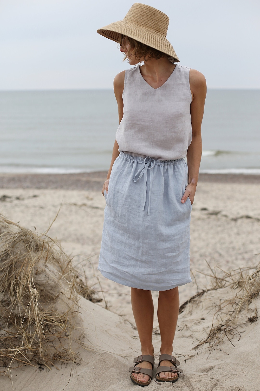 Skirt With Adjustable Waist Midi Skirt Washed Linen Skirt Skirt With ...