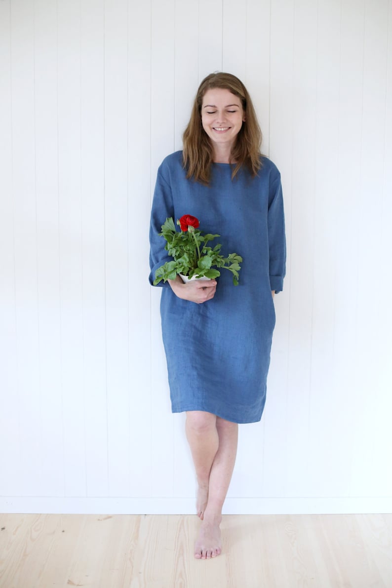 Casual Linen Dress Working Tunica Dress With Side Pockets Tunica Dress Gardening Dress Washed Linen Dress image 1