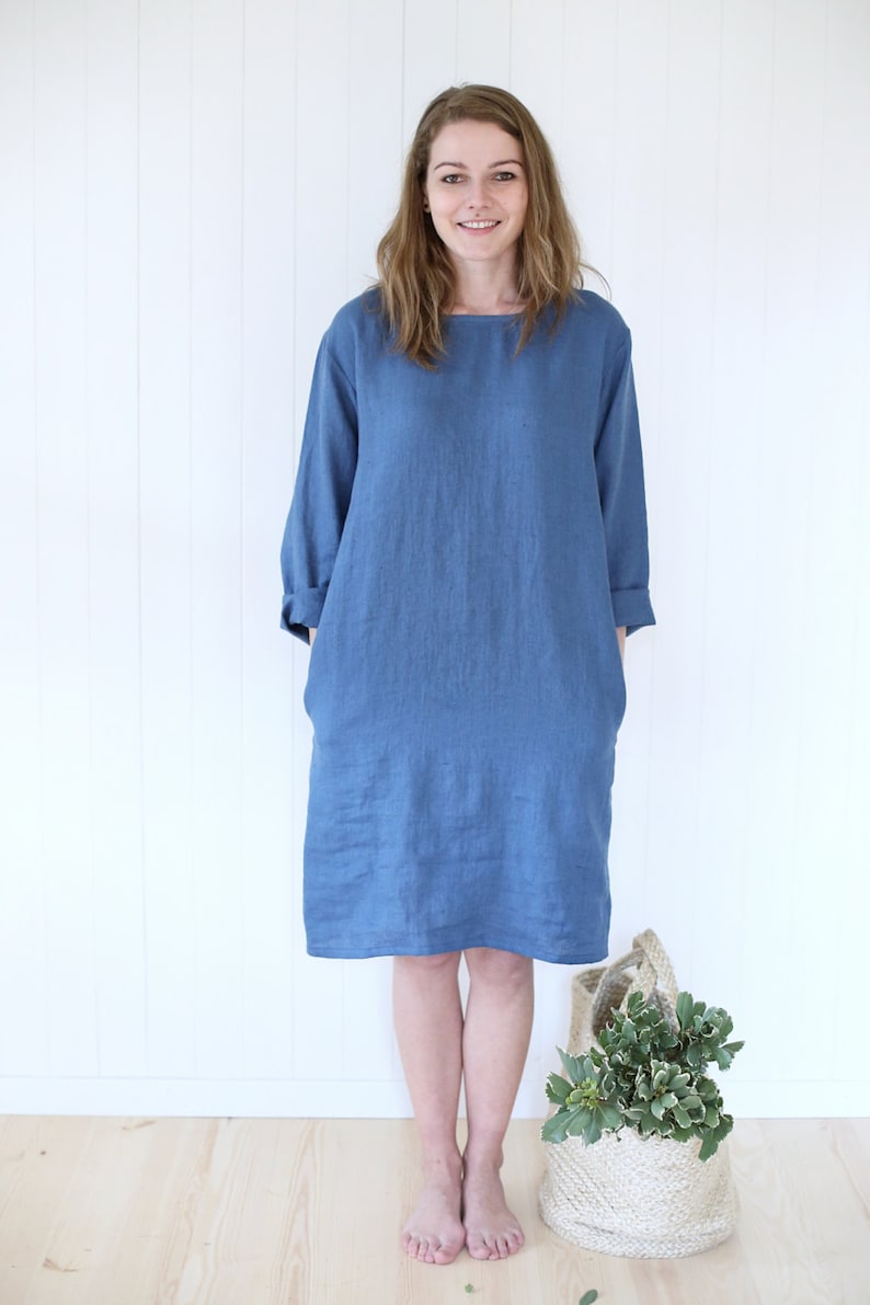 Casual Linen Dress Working Tunica Dress With Side Pockets Tunica Dress Gardening Dress Washed Linen Dress image 2