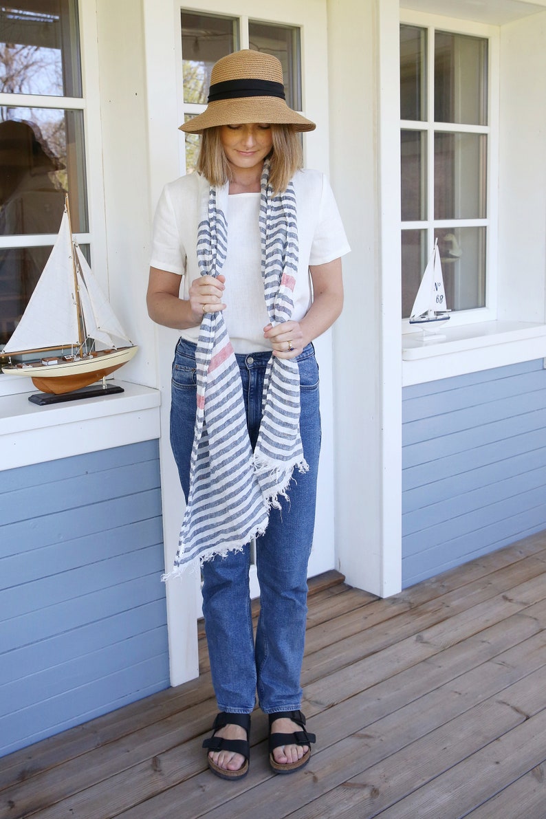 Striped Linen Scarf. Women Scarves. Linen Shawl. Women Linen Scarf. Handmade Accessories. Unisex Scarf. Ready to ship. image 5