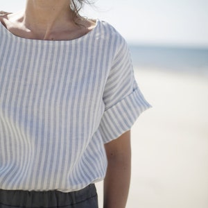 Vertical Striped  Linen Blouse | Washed Soft Linen Blouse | Linen Top | Oversized Blouse | Wide Blouse | Japanese Style | Kimono Top |