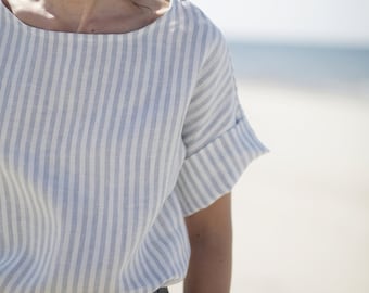 Vertical Striped  Linen Blouse | Washed Soft Linen Blouse | Linen Top | Oversized Blouse | Wide Blouse | Japanese Style | Kimono Top |