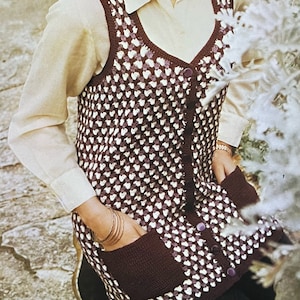 Vintage 1970s Crochet Sleeveless Cardigan and Matching Hat Instant Download