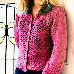 Crochet Cardigan Pattern with a Contrasting Colourful Collar Crocheting Tutorial For A Lacy Top Design Instant Digital Download