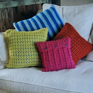 Patrón de cuatro fundas de cojín multicolores de crochet: diseños fáciles y lindos de crochet con un tutorial divertido. Descarga digital instantánea.