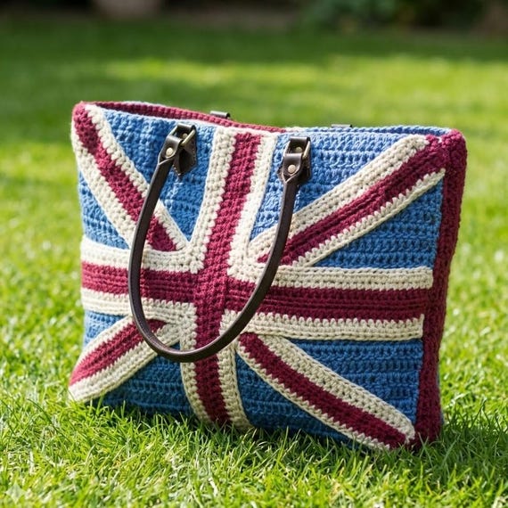 Crochet Union Jack Bag Pattern Create a Shopping Tote Flag Themed Design Crocheting Tutorial Colourful Unique Bags Instant Digital Download