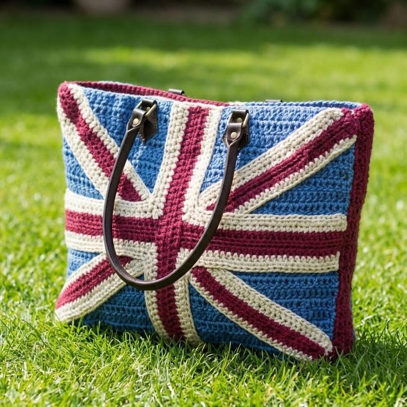 Crochet Union Jack Bag Pattern Create a Shopping Tote Flag Themed Design Crocheting Tutorial Colourful Unique Bags Instant Digital Download image 1