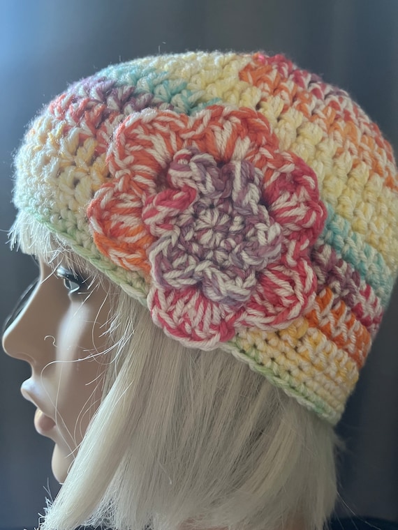 Handmade Cream Colourful Beanie Floral Crochet Hat  display picture 1
