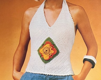 Crochet Halter Neck Pattern Flower Granny Square Easy Summer Fashion Style Crocheting Tutorial Trendy Vest Top Instant Digital Download