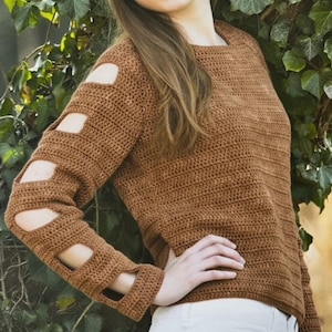 Crochet Jumper Pattern Cut Out Sleeve Trendy Design Autumn Fashion Unusual Cosy Sweater Crocheting Tutorial Instant Digital Download