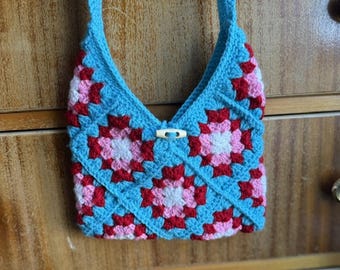 Turquoise Crochet Granny Square Bag Crossbody Styled Eye Catching Colours Handmade and Fully Lined Retro Vintage Design Fashion Statement