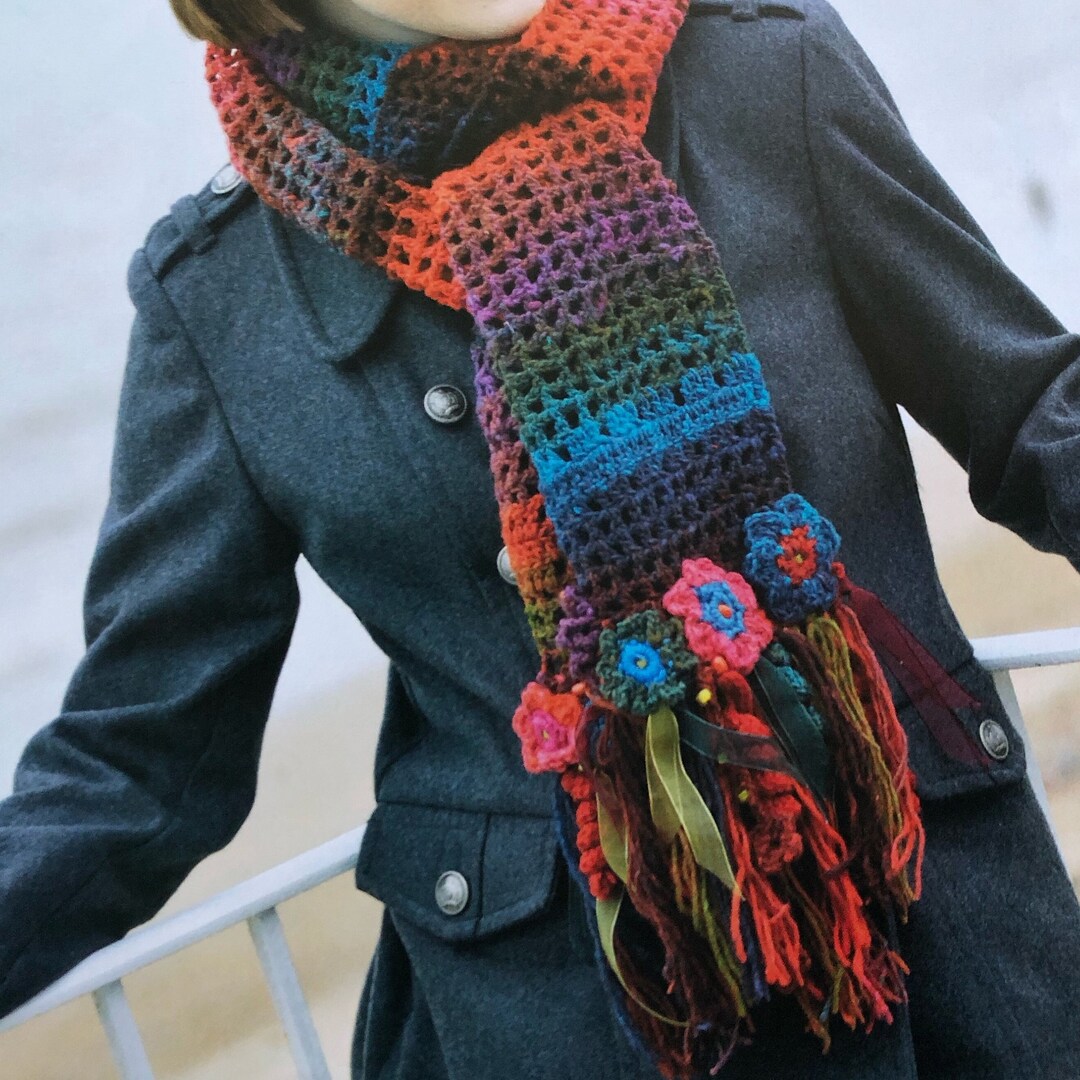 Crochet Long Colourful Scarf Pattern Flower Embellished Trimmed Scarves ...
