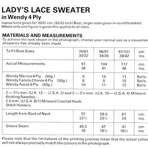 May include: A chart with instructions for knitting a lace sweater using Wendy 4 Ply yarn. The chart includes measurements for bust size, actual measurements, yarn requirements, needle sizes, and stitch holders. The chart also includes measurements for the length from the back of the neck and the sleeve seam.