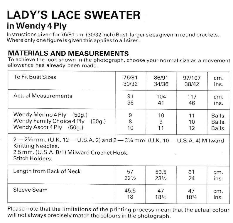 May include: A chart with instructions for knitting a lace sweater using Wendy 4 Ply yarn. The chart includes measurements for bust size, actual measurements, yarn requirements, needle sizes, and stitch holders. The chart also includes measurements for the length from the back of the neck and the sleeve seam.