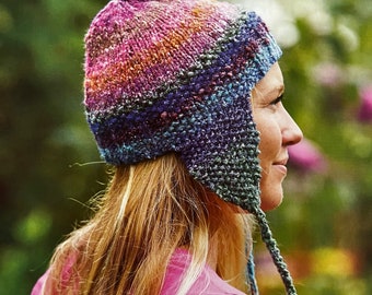 Knitted Variegated Yarn Ear Flap Hat Knitting PDF Pattern Instant Download