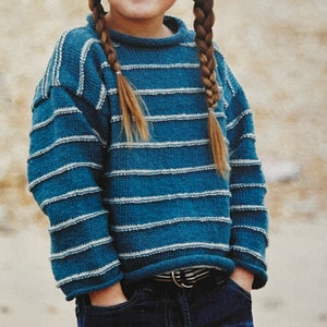 May include: A blue and white striped knitted sweater with long sleeves and a round neckline.