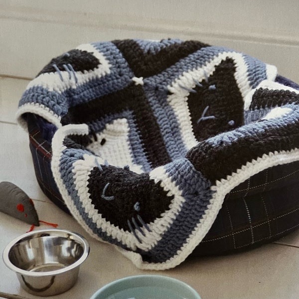 Crochet Cat Themed Granny Square Kitten Blanket Throw PDF Crochet Pattern Instant Download