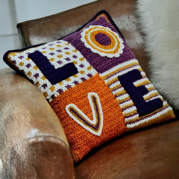 Retro Coloured Fabric Vibes Crochet Love Letter Cushion Instant Download