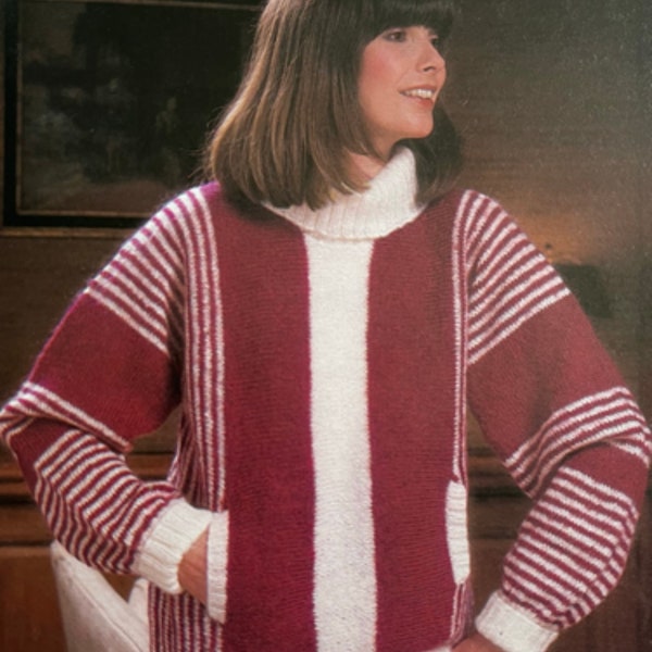 Classic Oversized 1980s Knit Wear Vintage Knitted Vertical Striped Polo Neck Sweater Pattern Instant Download