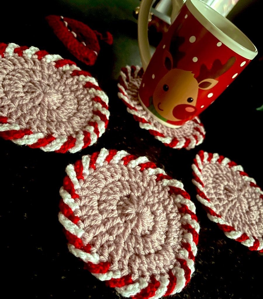 39 Christmas Coaster Crochet Patterns for Festive Table Decor, Gifts, and Cozy Holiday... 30 Crochet Christmas Candy Cane Coasters Pattern Super Easy
