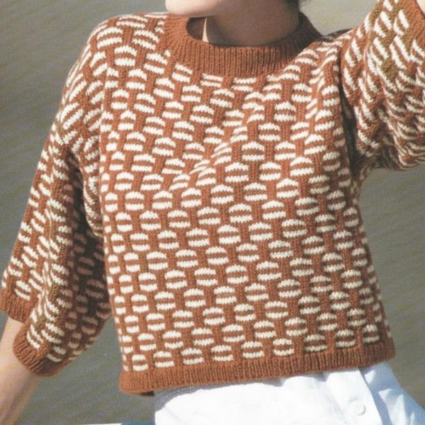 Classico maglione lavorato a maglia anni '80 con motivo vintage da donna, tutorial per lavorare a maglia, modello di maglione funky da scaricare digitalmente all'istante