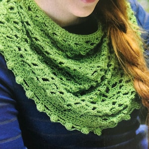 Può includere: Un collo a scialle in crochet verde con un bordo a scalare e un delicato motivo traforato.