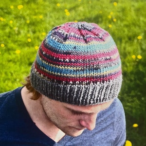 May include: A colorful knitted hat with a gray brim. The hat has stripes of red, blue, yellow, and gray.