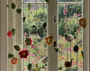 Crochet Floral Curtain Pattern Hanging Flower Garland Window and Wall DIY Decorations Easy Crocheting Tutorial Instant Digital Download