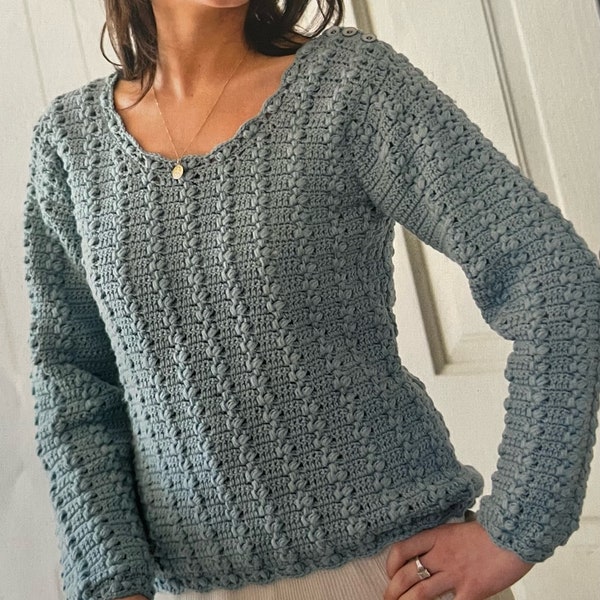 Beautiful Scoop Neck Crochet Sweater Pattern Made With Puff Stitch To Create A Stunning Texture Instant Download