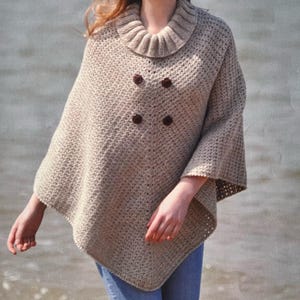 Crochet Poncho Pattern Double Breasted Cosy Autumn Wrap with a Knitted Ribbed Collar Easy Crocheting Tutorial Instant Digital Download