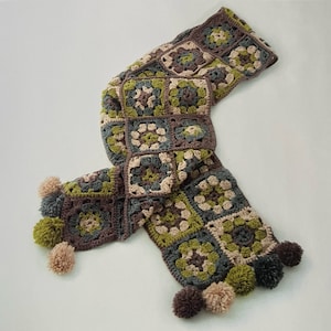 Crochet Granny Square Scarf Pattern Easy Colourful Warm Design Add Cute Pompoms to the Edges Crocheting Tutorial Instant Digital Download