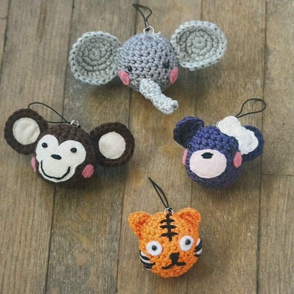 Crochet Cute Animal Charms Tiger, Elephant, Monkey, Bear Pattern Instant Download