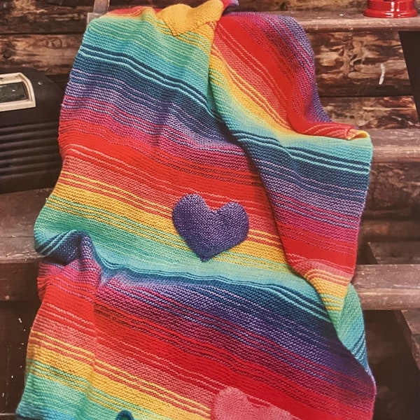 Knitted Striped Rainbow Throw Knitting PDF Pattern Hearts Motifs