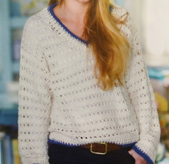 Lovely Crochet V Neck Sweater Sporty Summer Jumper Crochet