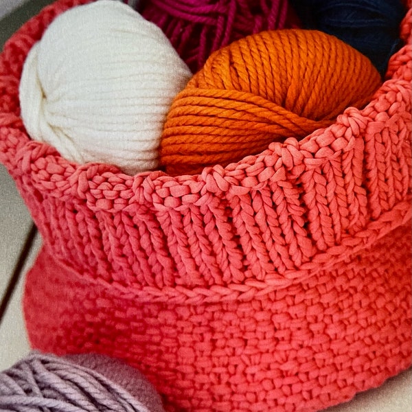 Easy Knitted Cuffed Basket Storage Yarn Bag PDF Knitting Pattern Instant Download