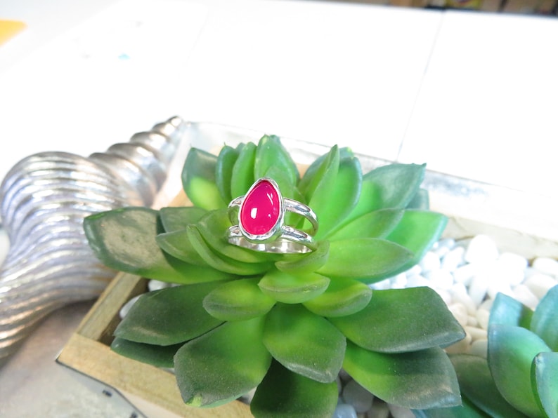 7 Pink Teardrop Chalcedony Sterling Silver Ring