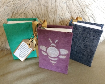 Handcrafted Mini Pocket Size Journal Books. Stencilled I mages. Reclaimed suede and Upcycle suede