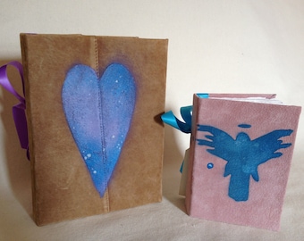 Handmade Reclaimed  Suede Journal Book: Heart Stencil Artwork. Large size