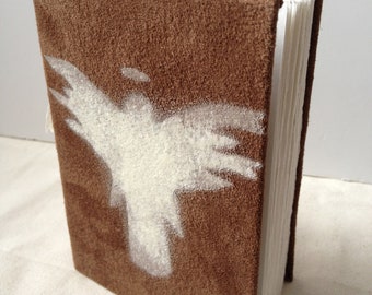 Handmade Reclaimed  Suede Journal Book: Angel  Stencil Artwork. Medium size.