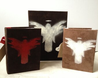 Handmade Reclaimed  Suede Journal Book: Angel  Stencil Artwork. Large size