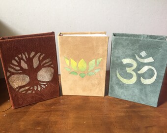 OM Handcrafted Journal Book. Notebook or Dreambook. Small Size with reclaimed suede leather. Bespoke ordering service.