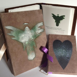 Handcrafted Medium Journal with Angel Artwork. Reclaimed suede or canvas fabric. Bespoke ordering service.