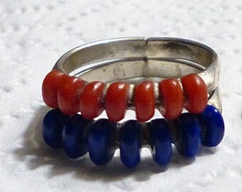 2 Free Ship Sterling LT Stackable Blue and Red Bead Band Rings