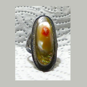 Antique Sterling Oblong Mother of Pearl Blister Pearl in Abalone Shell Ring