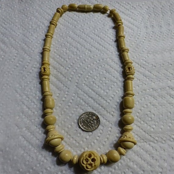 Bovine Bone Celluloid Vintage Bead Necklace Carved