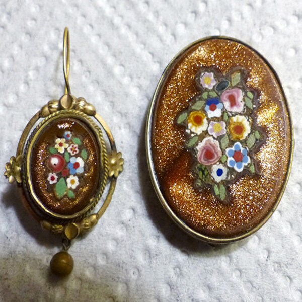 Victorian 1870s Pietra Dura Goldstone Brooch & Matching 10K Gold Earring