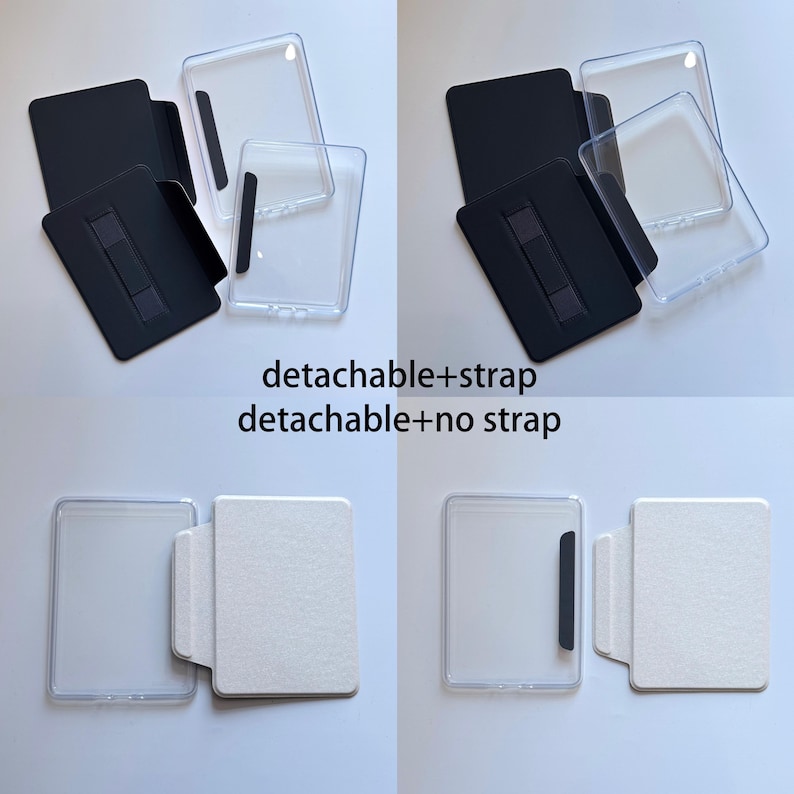 May include: A collection of rectangular card holders featuring clear plastic cases and black or white backing panels. Some units include a black elastic strap on the back. The text "detachable+strap" and "detachable+no strap" is visible.